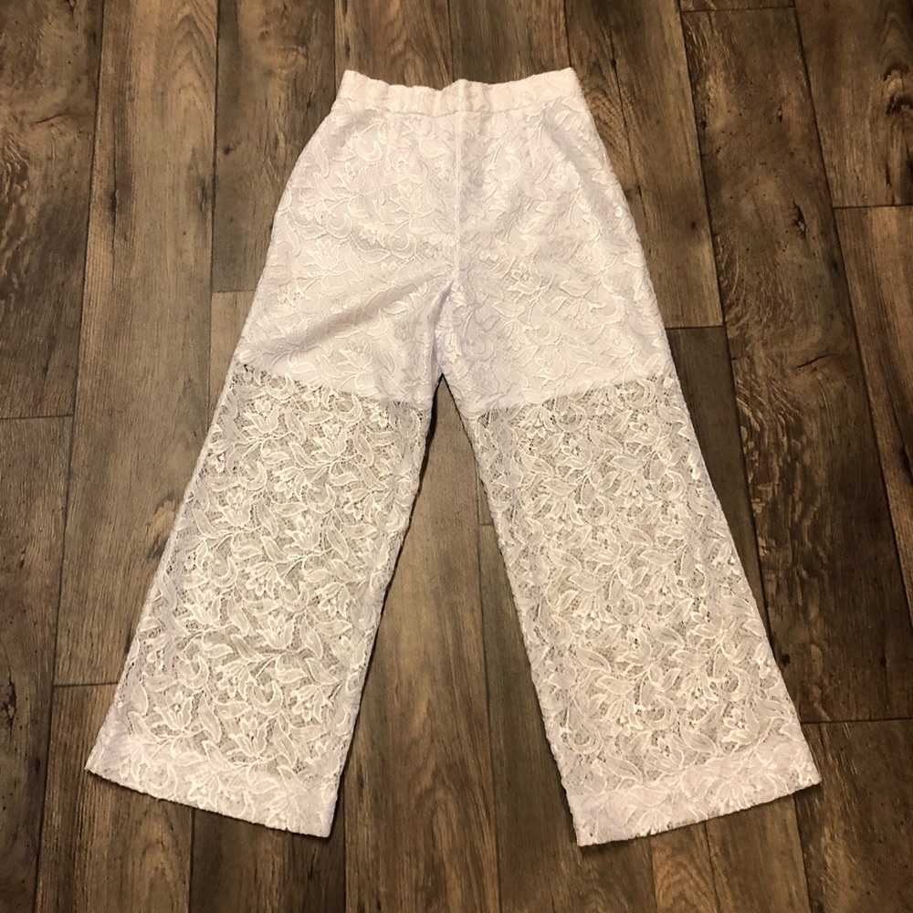 White Lace Wide Leg Dress Pants | Sheer Lace Elegant Bridal Resort Slacks | 5/6 - Picture 3 of 7